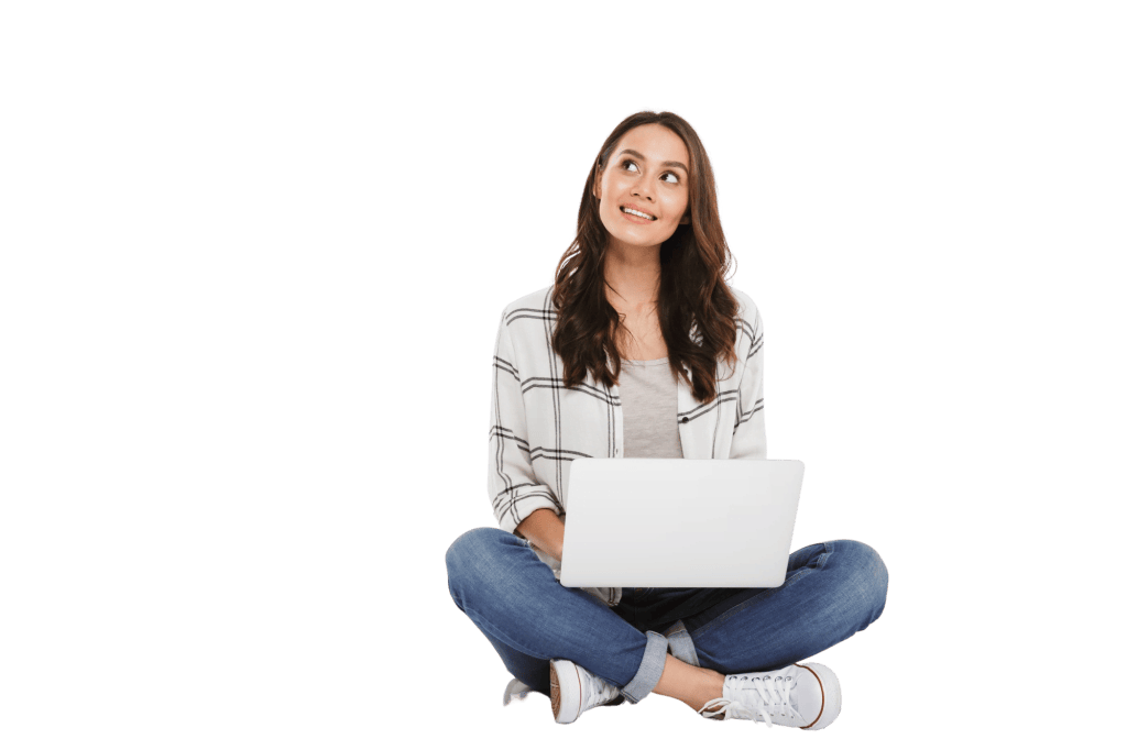 Pensive Smiling Brunette Woman Shirt Sitting Floor With Laptop Computer Looking Up Gray Removebg Bigdomain.my Malaysia Domain &Amp; Hosting